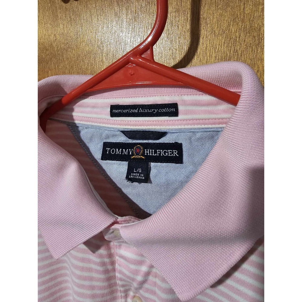 Tommy Hilfiger Mercerized Luxury Cotton Mens Large Pink White Striped Polo - Picture 4 of 7